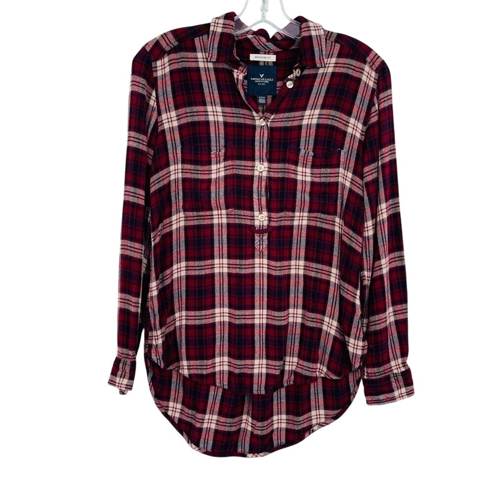 American‎ Eagle Plaid Shirt Womens Small Red Boyfriend Fit Viscose Flannel Top